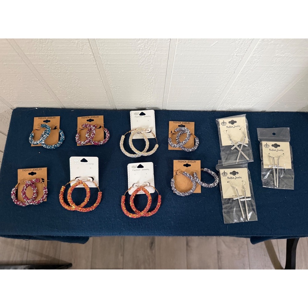 Bundle 7- Fashion Jewelry Lot 11 Pairs Glitter Hoop Earrings and Silver Cross